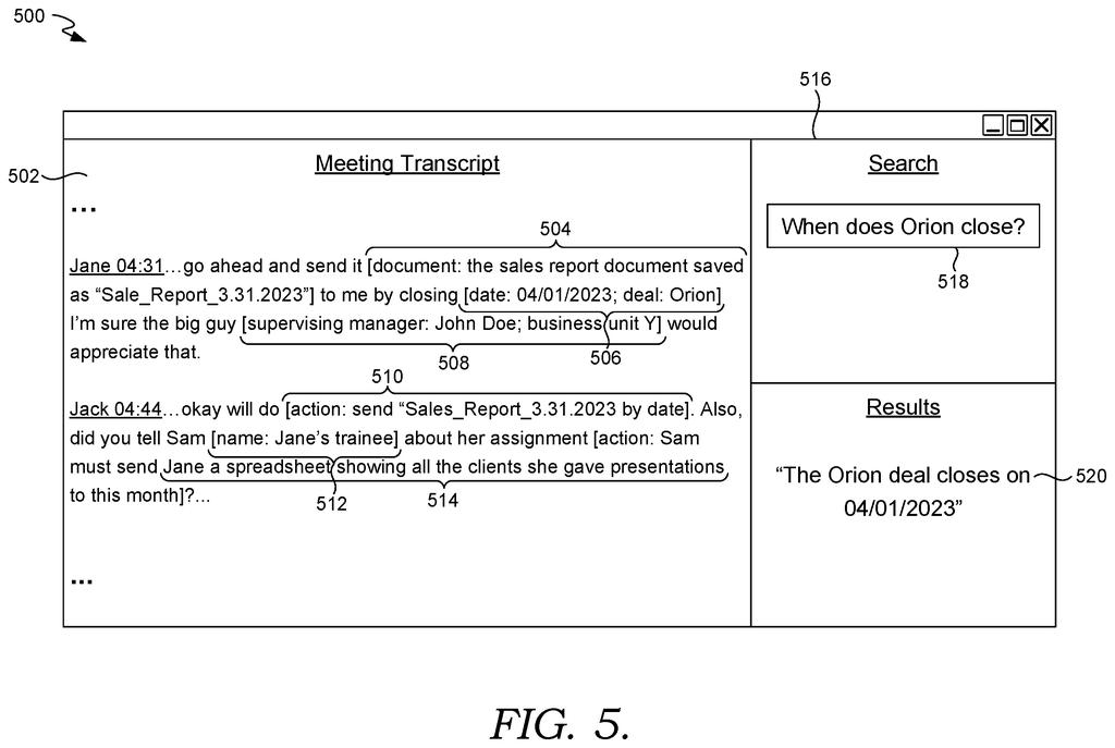 A meeting transcript interface displaying highlighted contextual details and a search query returning specific date results. Drawing from patent filing US 2026/0236678 A1.
