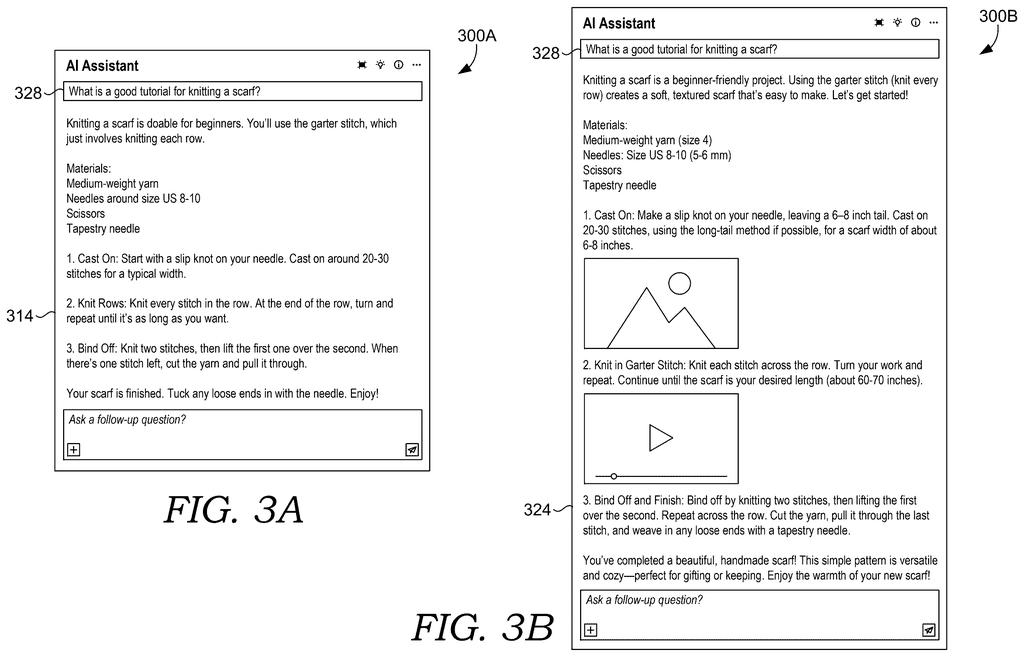 Two user interface screens displaying text-only and multimodal AI assistant responses for a knitting tutorial query. Drawing from patent filing US 2026/0236684 A1.