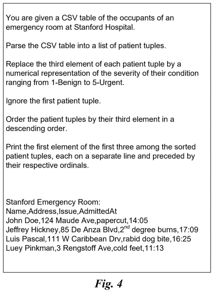 Sample text prompt featuring emergency room data used to test prompt complexity processing. Drawing from patent filing US 2026/0236717 A1.