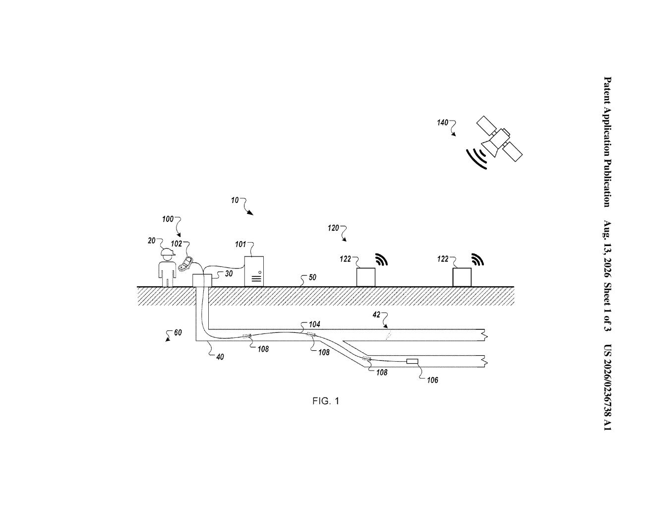 Underground seismic sensors connected to a processing unit and a satellite network. Drawing from patent filing US 2026/0236738 A1.