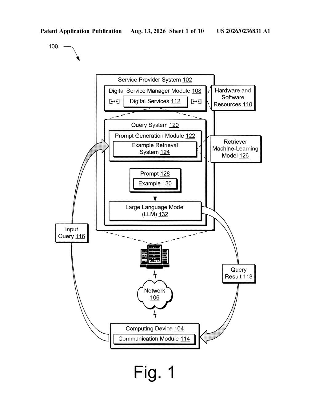 Service provider system architecture for processing input queries using a retriever machine learning model and large language model. Drawing from patent filing US 2026/0236831 A1.