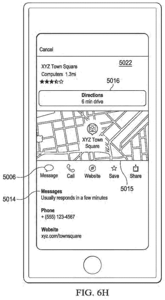 A smartphone screen displaying business details, location map, and direct messaging options from search results. Drawing from patent filing US 2026/0236890 A1.