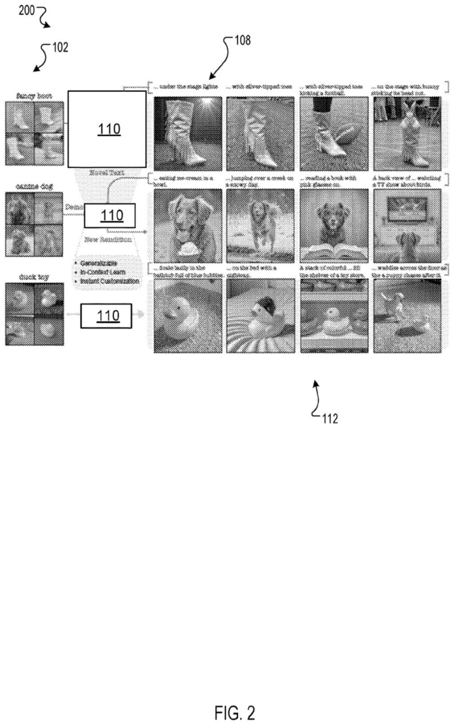 Examples of input photos guiding a diffusion network to generate new matching images from text descriptions. Drawing from patent filing US 2026/0237019 A1.