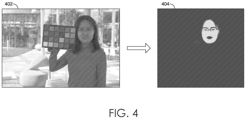 An input photo with a color chart and person transitioning to a highlighted facial mask used for auto white balancing. Drawing from patent filing US 2026/0237036 A1.