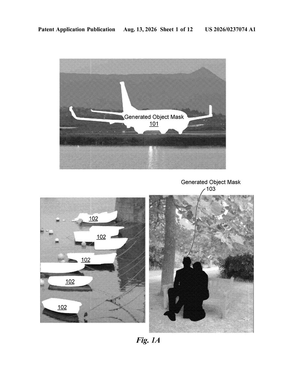 Automatic masks isolating an airplane, boats, and people within various photographic scenes. Drawing from patent filing US 2026/0237074 A1.