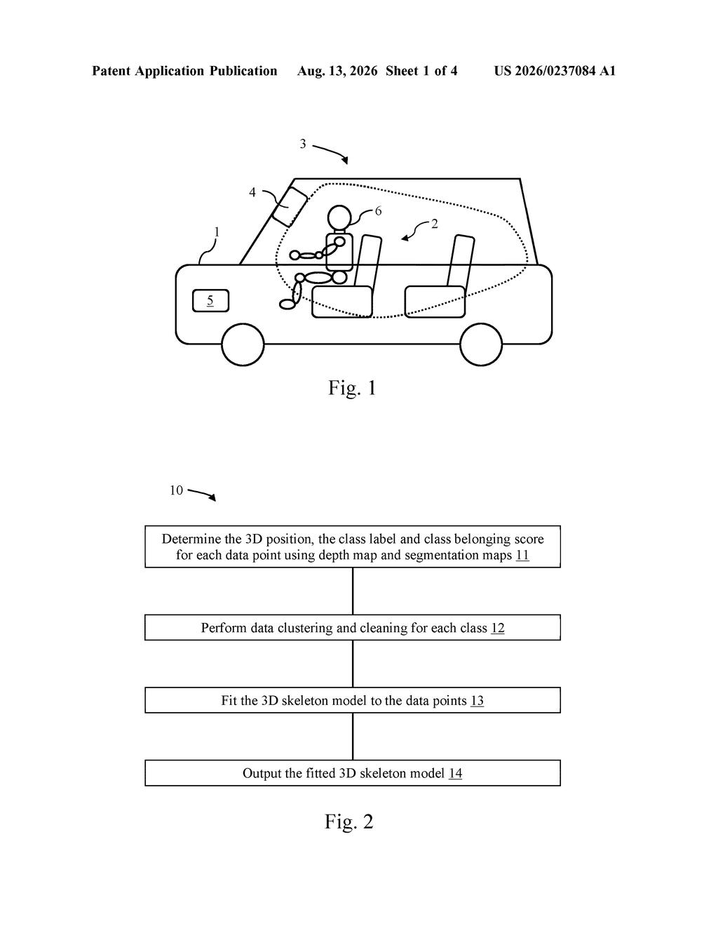 A camera system mounted inside a vehicle cabin mapping the body position of a driver. Drawing from patent filing US 2026/0237084 A1.