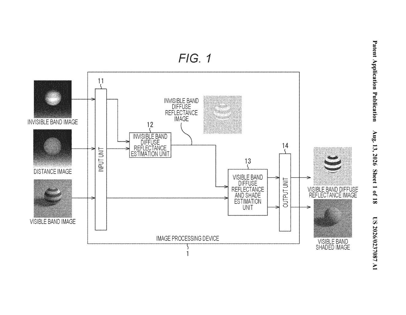 An image processing system separating a striped sphere's true surface colors from its shadows using distance and invisible light data. Drawing from patent filing US 2026/0237087 A1.