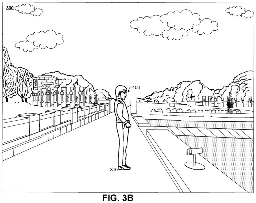 A person wearing augmented reality smart glasses while standing in an outdoor park setting. Drawing from patent filing US 2026/0237093 A1.
