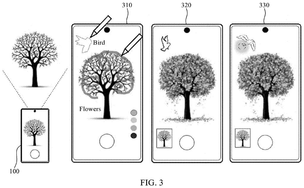 A mobile device turning viewfinder sketches of a bird and flowers into a generated AI image. Drawing from patent filing US 2026/0237123 A1.