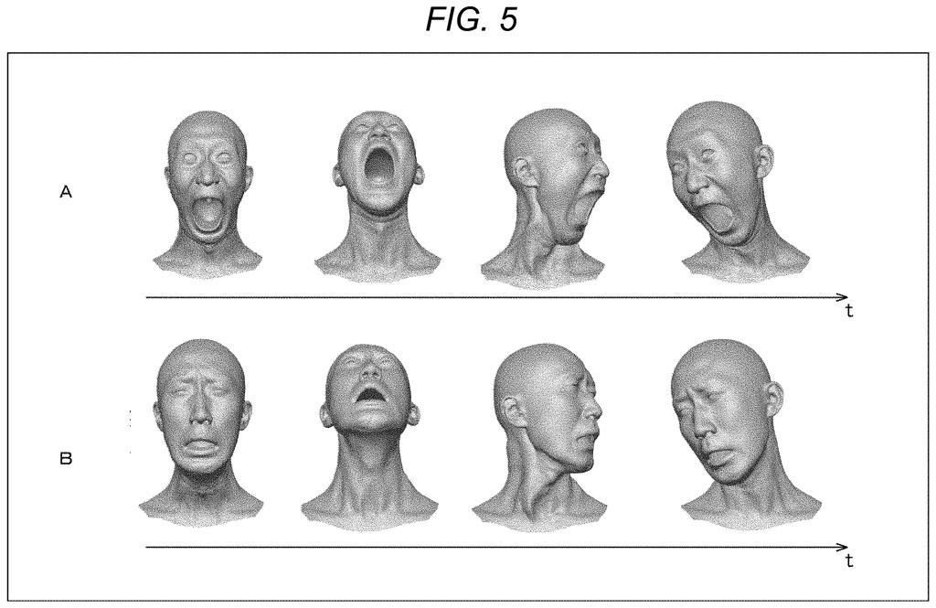 Three-dimensional head models showing various combinations of wide-mouthed facial expressions and neck rotations over time. Drawing from patent filing US 2026/0237134 A1.