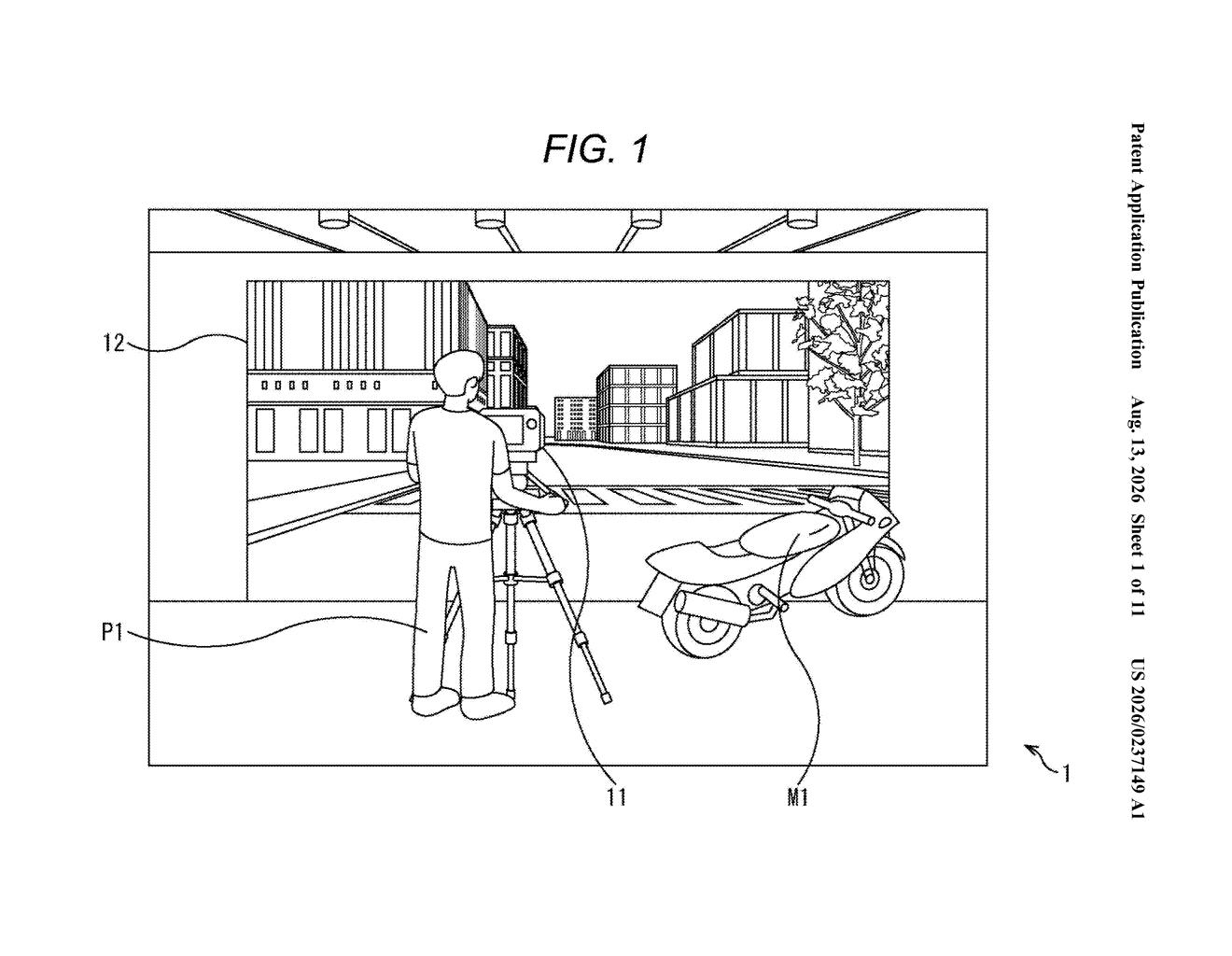 A camera operator filming in front of a large display screen showing a virtual urban environment. Drawing from patent filing US 2026/0237149 A1.