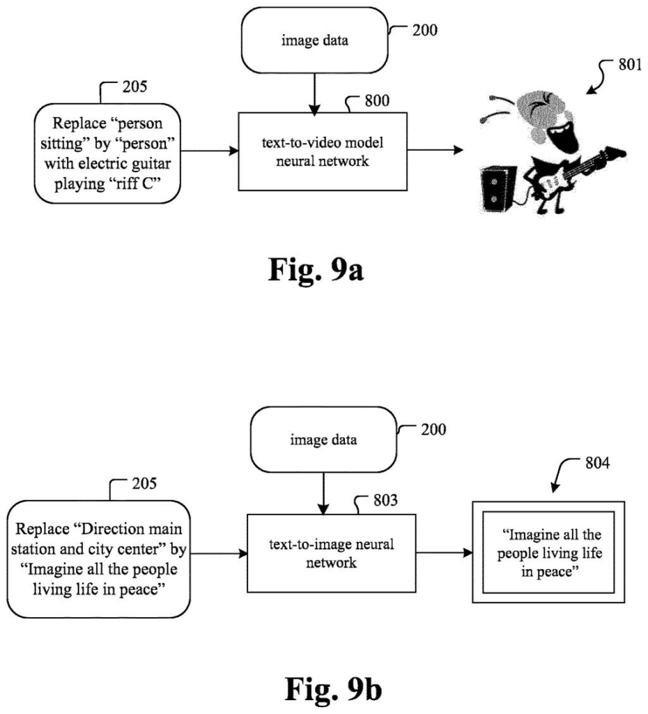 A person playing an electric guitar alongside textual lyric displays generated from audio cues. Drawing from patent filing US 2026/0237163 A1.