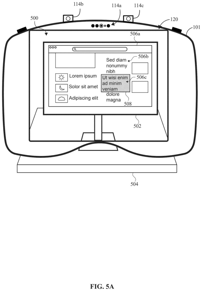 A headset displaying a magnified portion of a webpage on a screen. Drawing from patent filing US 2026/0237165 A1.