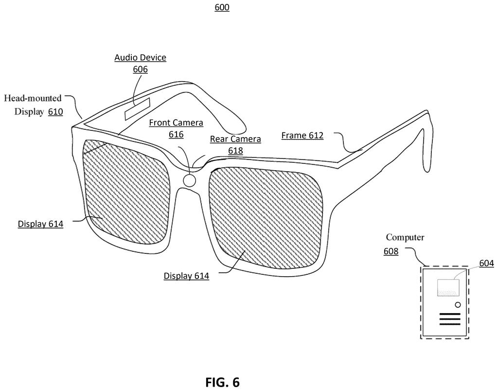 Augmented reality glasses featuring dual front cameras and integrated displays paired with an external computer. Drawing from patent filing US 2026/0237166 A1.