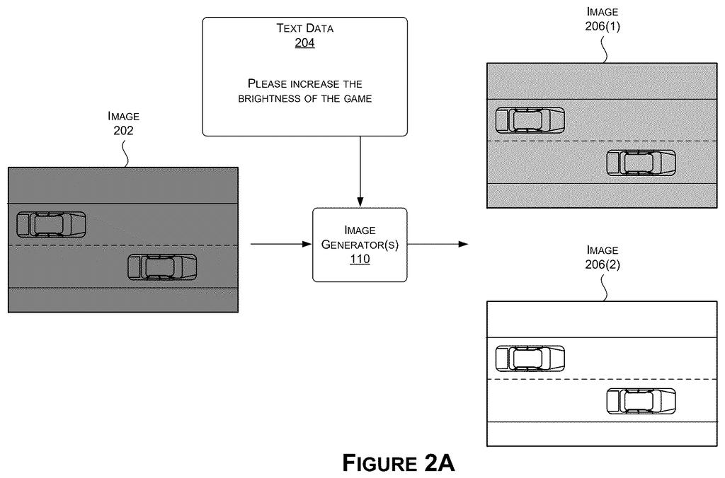 Two alternative brightness renderings of a driving game scene generated from text input. Drawing from patent filing US 2026/0237182 A1.