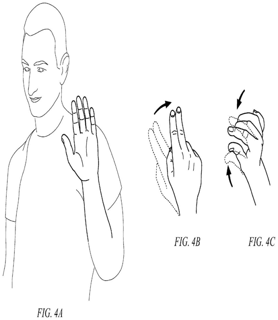 A person raising their hand and demonstrating various finger gestures for device interaction. Drawing from patent filing US 2026/0237198 A1.