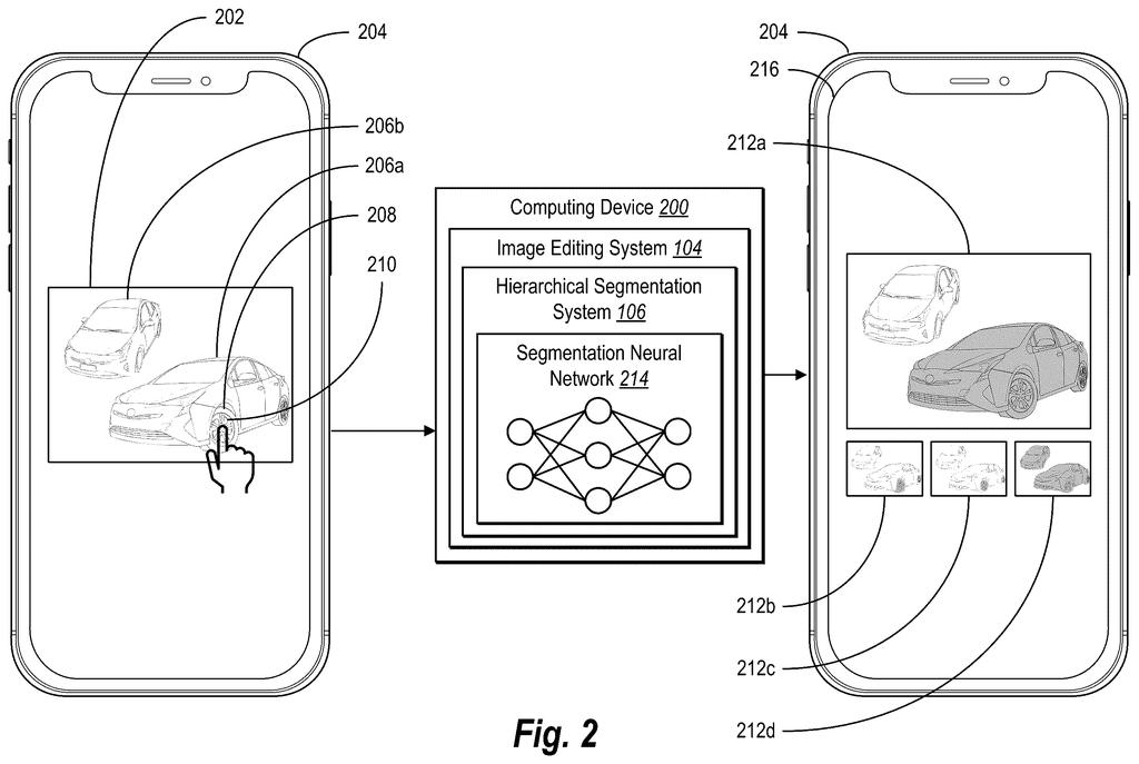 A smartphone interface demonstrating the selection of a car wheel to generate multiple cutout options at different detail levels. Drawing from patent filing US 2026/0237206 A1.