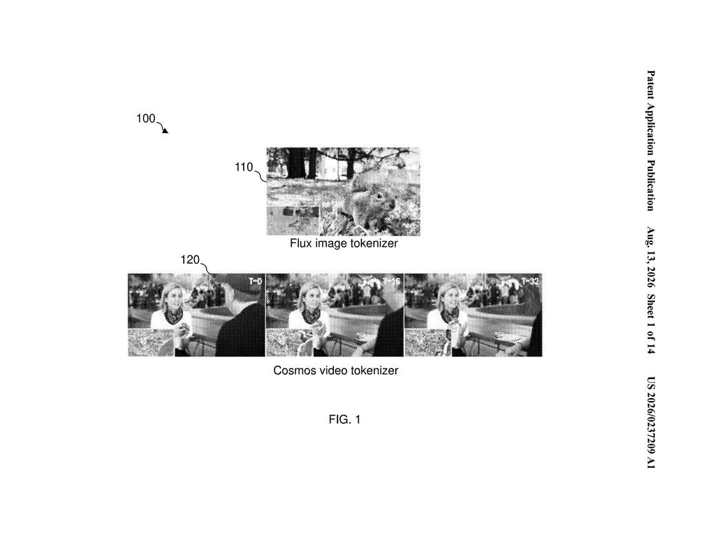 Side-by-side comparison of a compressed still image and a multi-frame video sequence processed by tokenizers. Drawing from patent filing US 2026/0237209 A1.