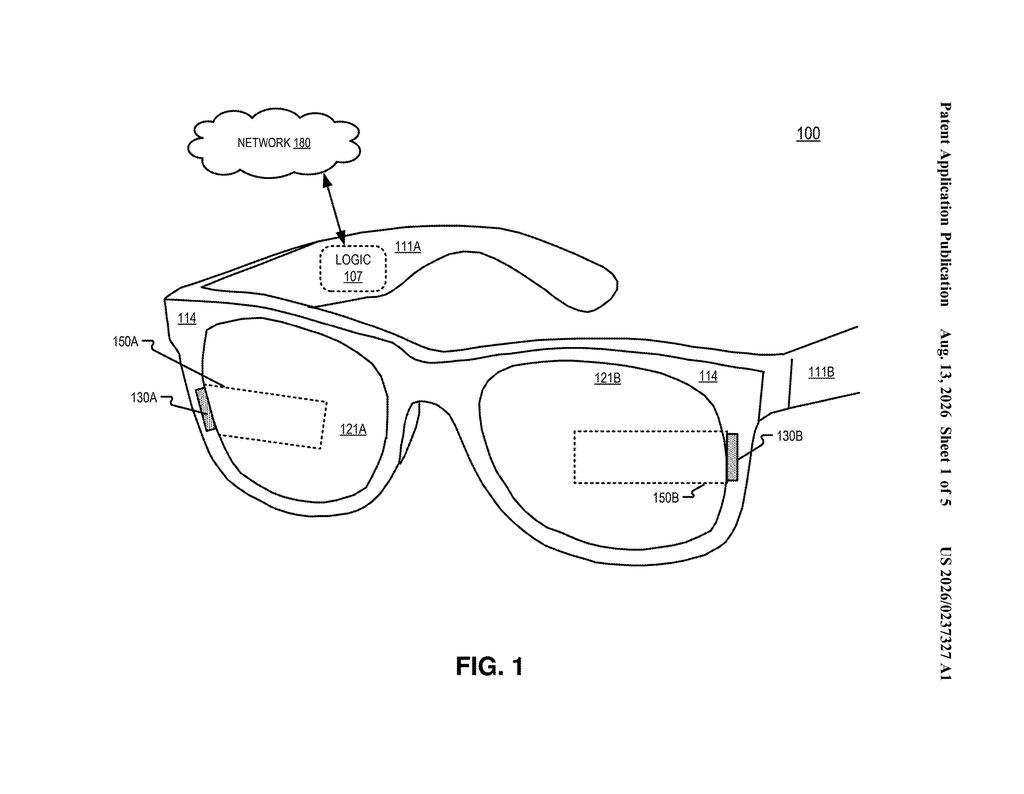 Perspective view of smart glasses showing lenses and integrated electronics. Drawing from patent filing US 2026/0237327 A1.