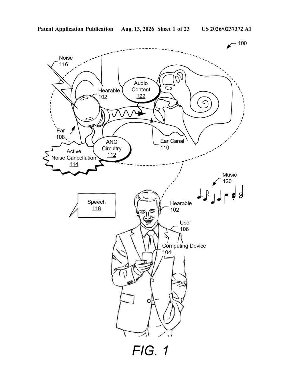 An earbud in use, blocking external noise while delivering audio directly to the wearer's ear canal. Drawing from patent filing US 2026/0237372 A1.