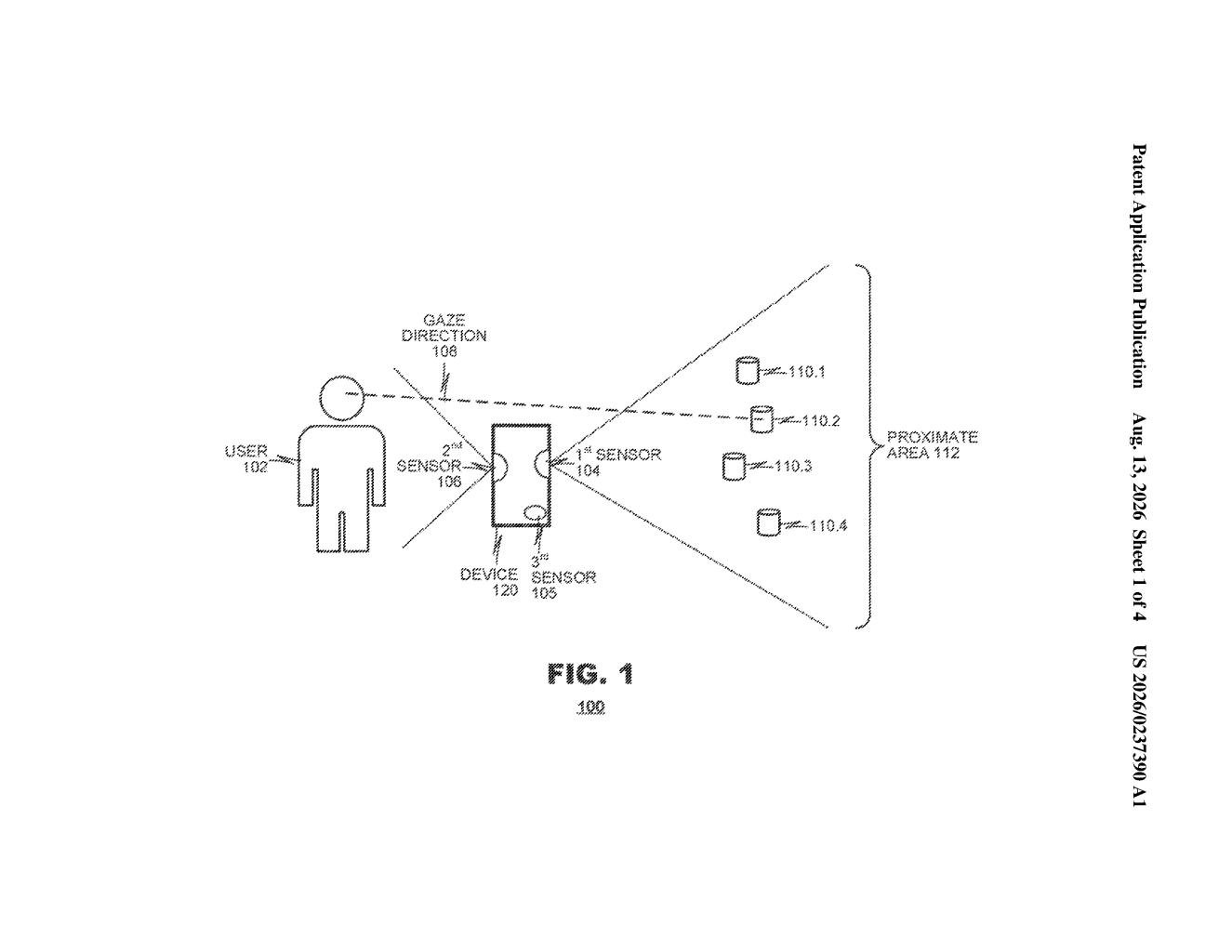 A device tracking a user's gaze direction to identify and select specific objects in the surrounding area. Drawing from patent filing US 2026/0237390 A1.