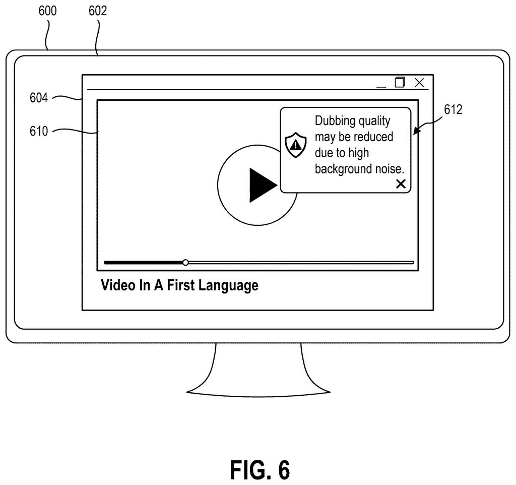 A computer monitor displaying a video playback window with a pop-up warning alert about reduced dubbing quality due to background noise. Drawing from patent filing US 2026/0237400 A1.