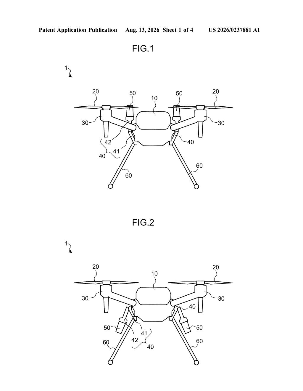 Two operational states of the drone with folding arms and landing gear. Drawing from patent filing US 2026/0237881 A1.