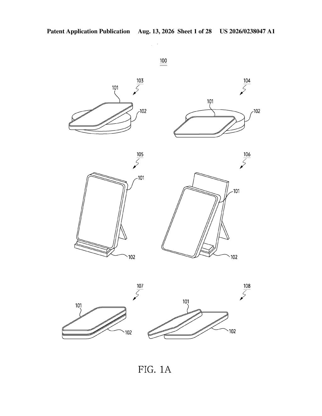 Various angles of a foldable phone placed on different wireless charging pads and stands. Drawing from patent filing US 2026/0238047 A1.