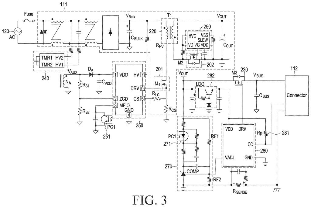 Detailed internal circuit schematic of the charging device featuring power conversion and control components. Drawing from patent filing US 2026/0238136 A1.