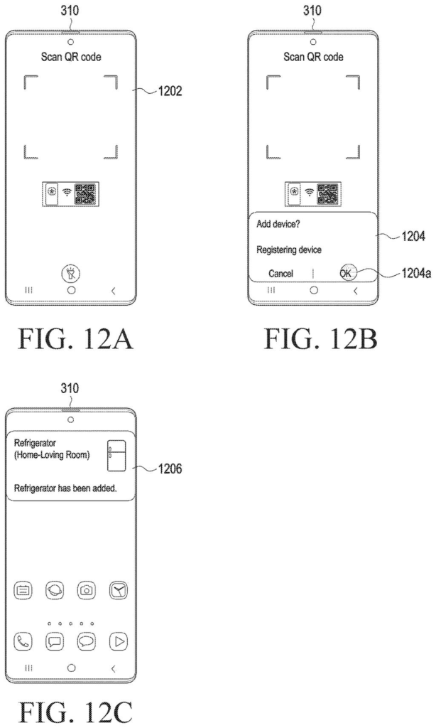 Smartphone screen displaying sequential steps for setting up and registering a smart home refrigerator. Drawing from patent filing US 2026/0238508 A1.