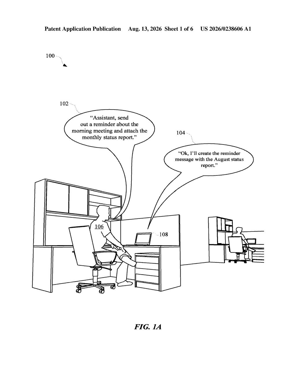 An office worker speaking to a smart assistant device on a desk. Drawing from patent filing US 2026/0238606 A1.