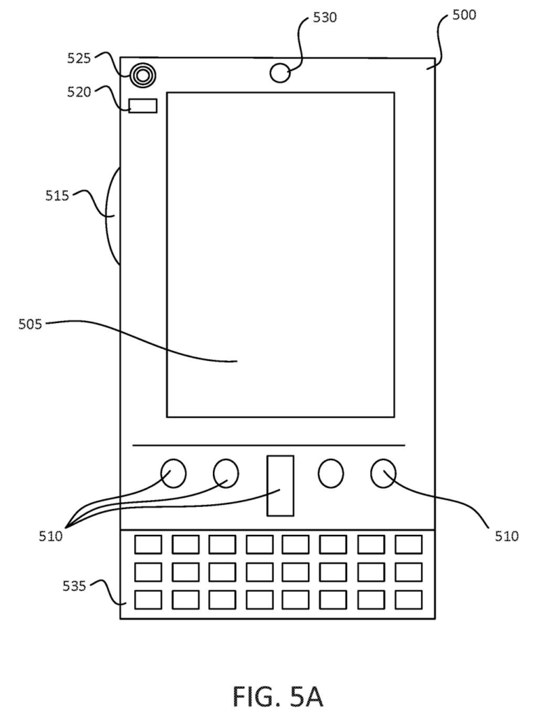 A mobile computing device featuring a touchscreen display, keypad, camera, and various ports. Drawing from patent filing US 2026/0238703 A1.