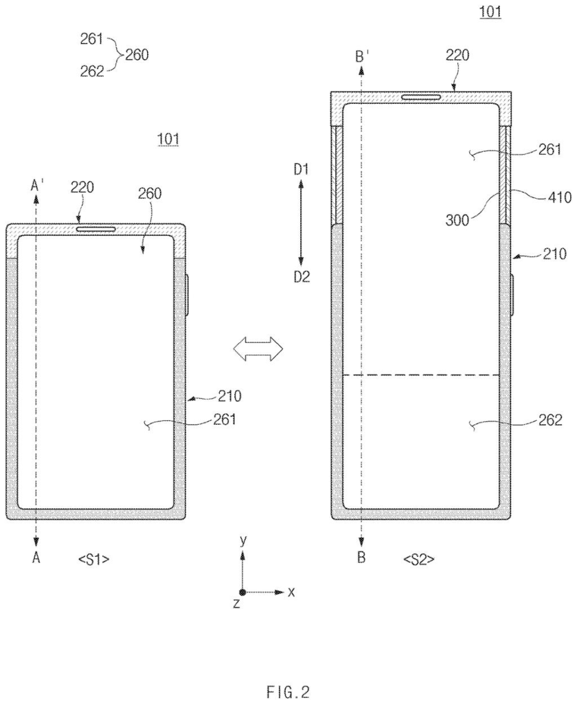 Front views of the phone in compact and extended states, revealing a larger display when opened. Drawing from patent filing US 2026/0238710 A1.