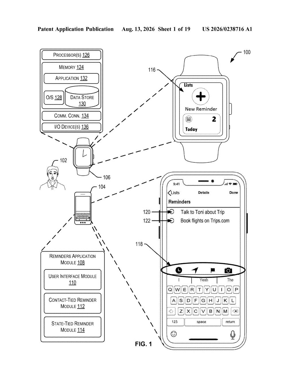 Smartwatch and smartphone displaying interactive reminder lists and quick-action toolbars. Drawing from patent filing US 2026/0238716 A1.