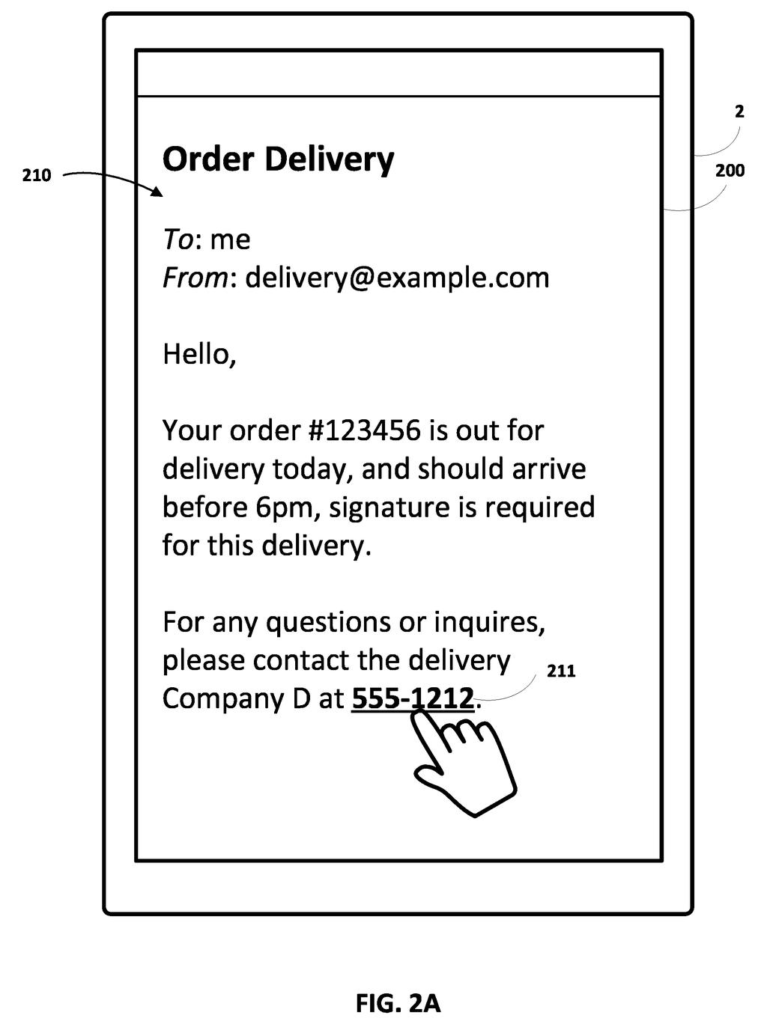 Smartphone screen displaying an email message about an order delivery with a highlighted phone number ready for contact. Drawing from patent filing US 2026/0238723 A1.