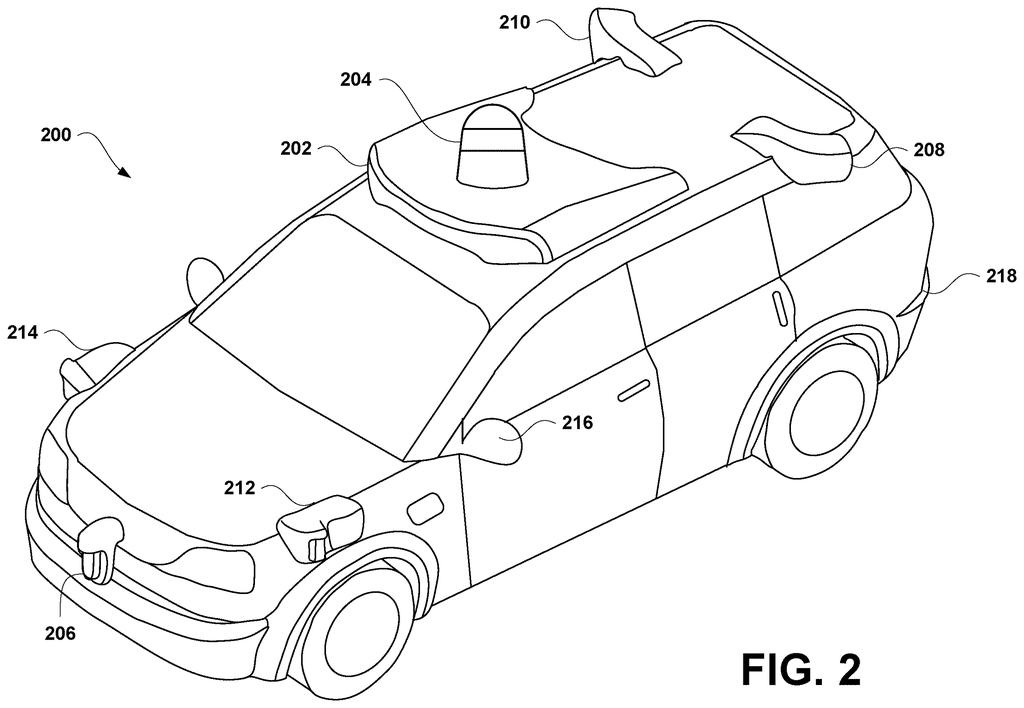 Autonomous sport utility vehicle equipped with roof-mounted sensors and exterior camera pods for navigating environments. Drawing from patent filing US 2026/0238743 A1.