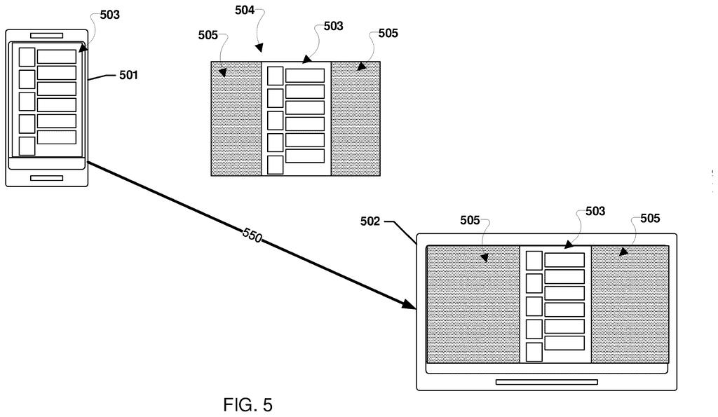 Smartphone wirelessly casting a screen display onto a monitor with blank side panels. Drawing from patent filing US 2026/0238848 A1.