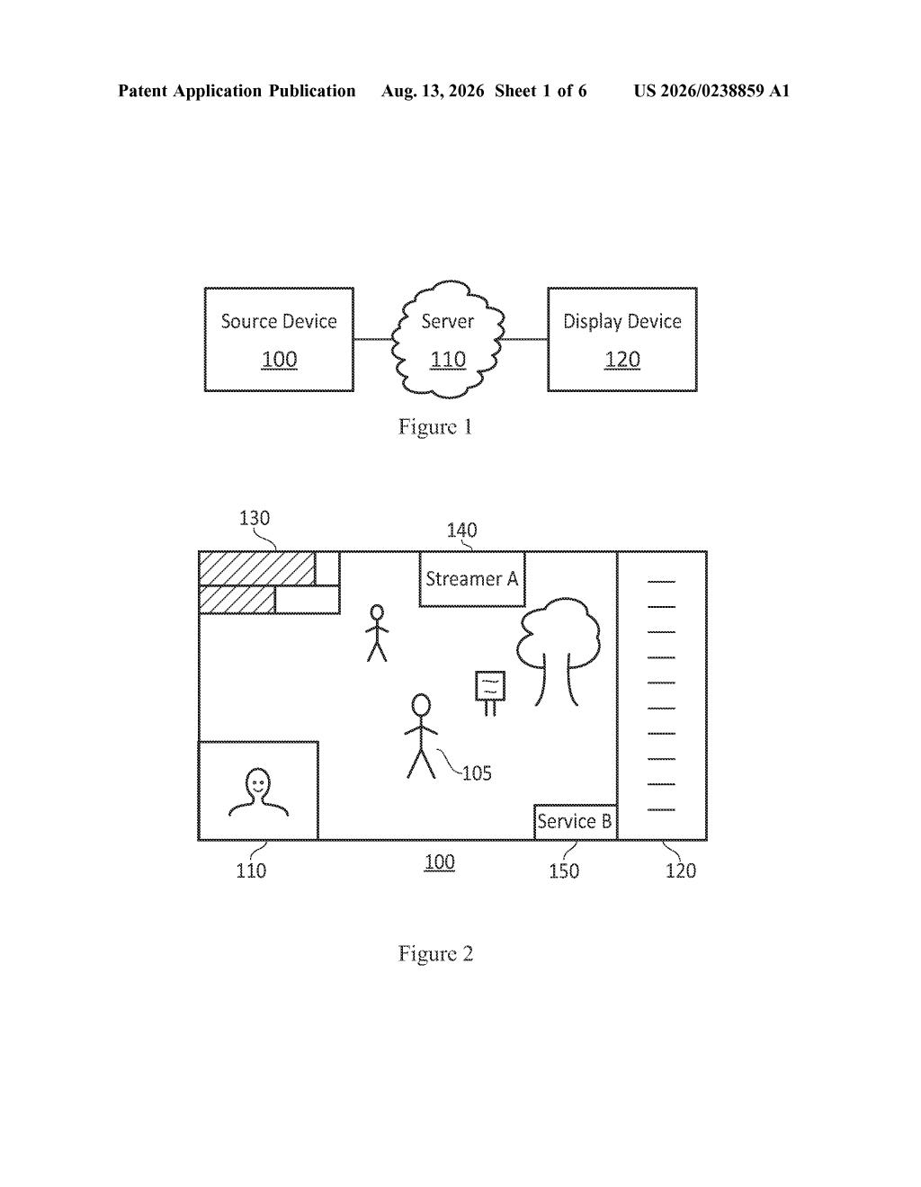 A communication architecture connecting a source device through a server to a display device. Drawing from patent filing US 2026/0238859 A1.