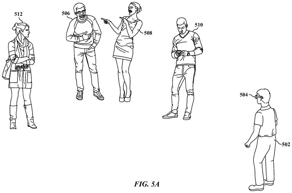 A person wearing smart glasses observing a group of people interacting in a room. Drawing from patent filing US 2026/0238876 A1.