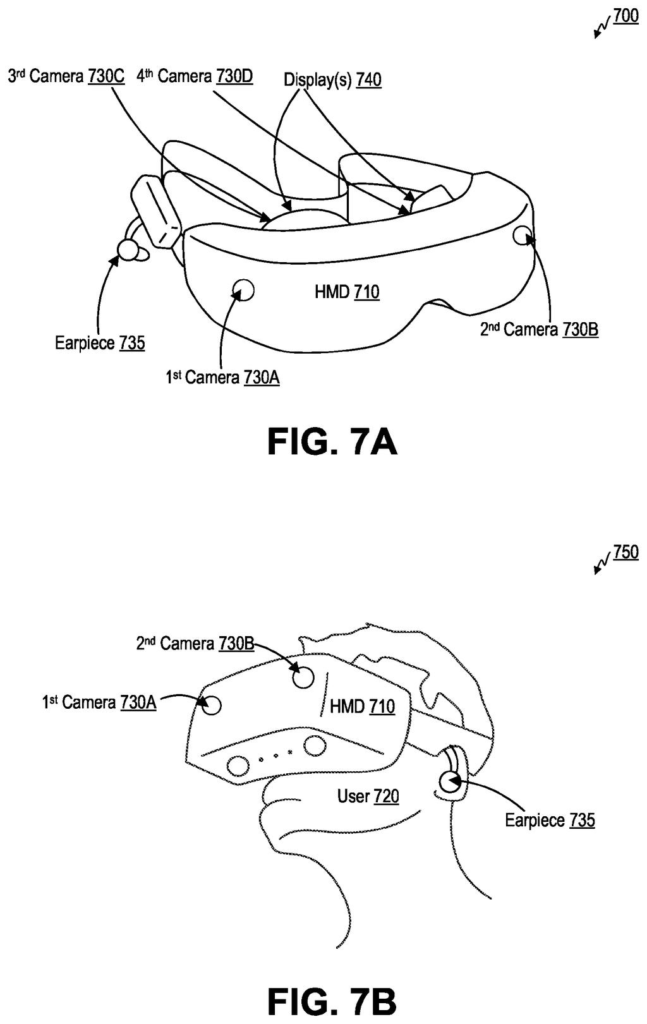 Perspective view of a camera-equipped headset worn by a user. Drawing from patent filing US 2026/0238881 A1.
