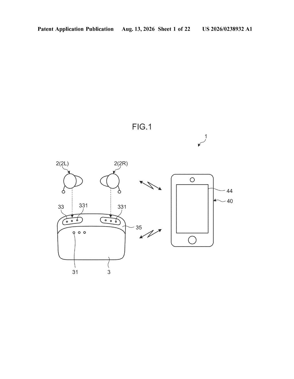 Wireless earbuds, charging case, and smartphone communicating with each other. Drawing from patent filing US 2026/0238932 A1.