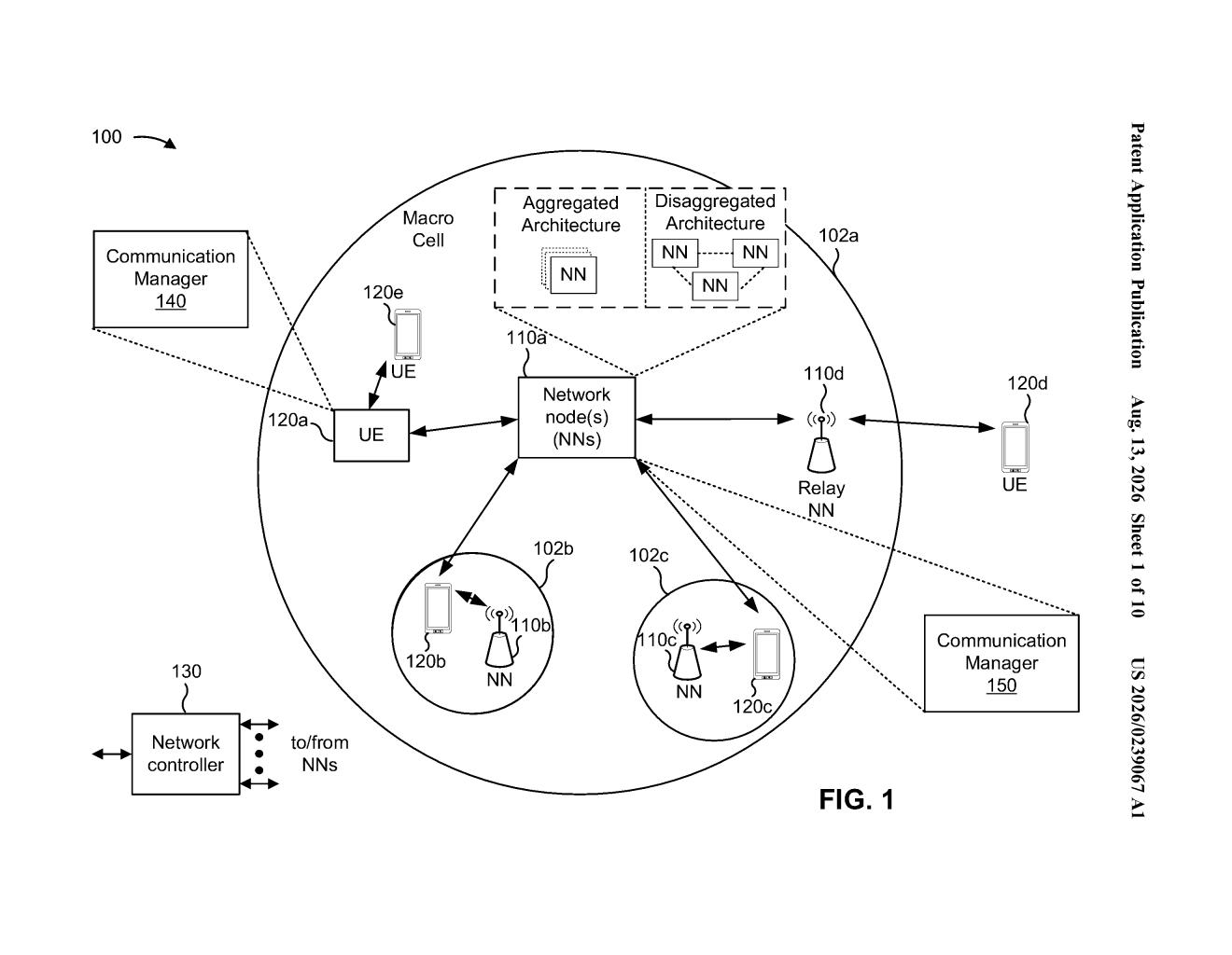 A wireless communication system shows phones connecting to network nodes, illustrating both aggregated and disaggregated network architectures. Drawing from patent filing US 2026/0239067 A1.