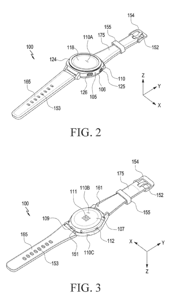 Perspective view of a smartwatch with bands attached and fastener components. Drawing from patent filing US 2026/0240288 A1.