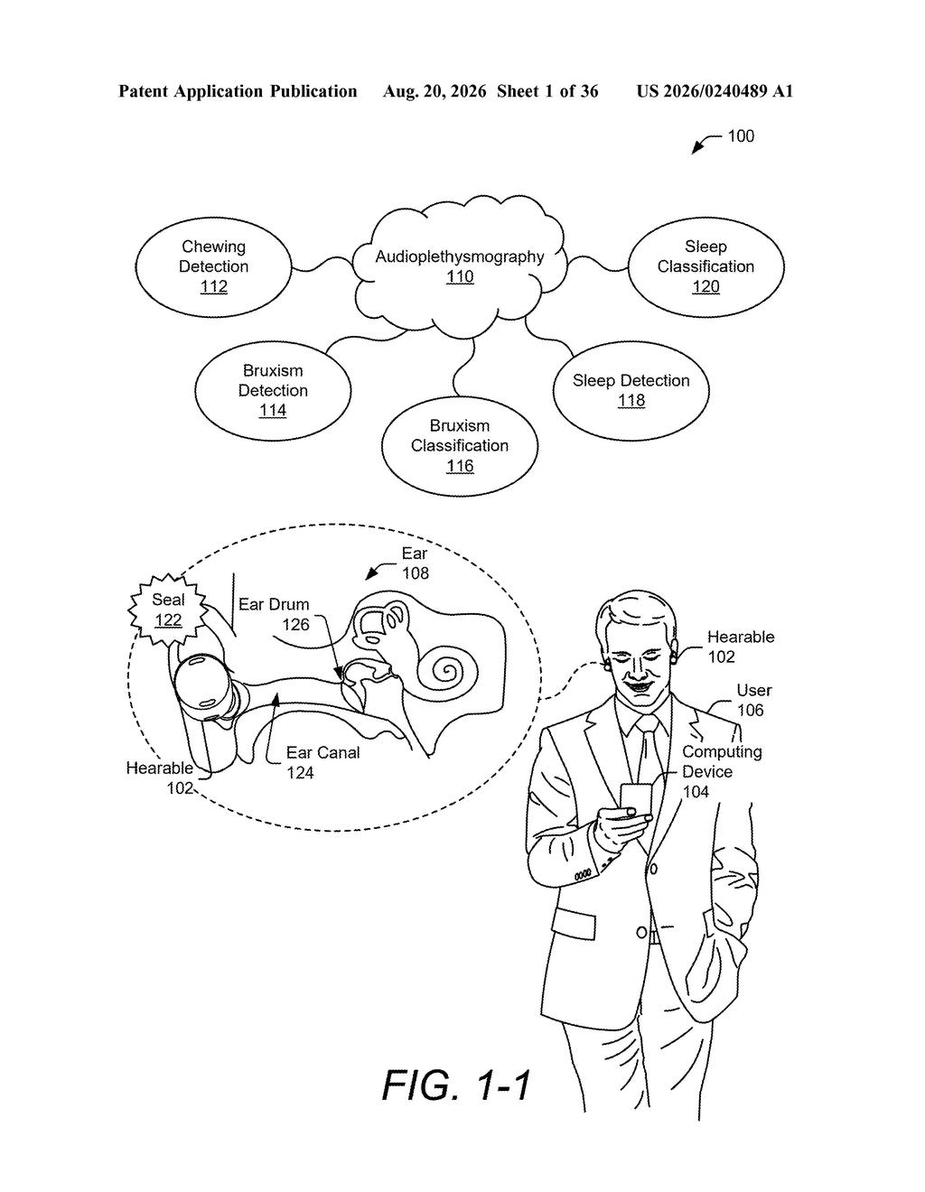 An earbud inserted in an ear canal, alongside an overview of jaw and sleep detection features. Drawing from patent filing US 2026/0240489 A1.