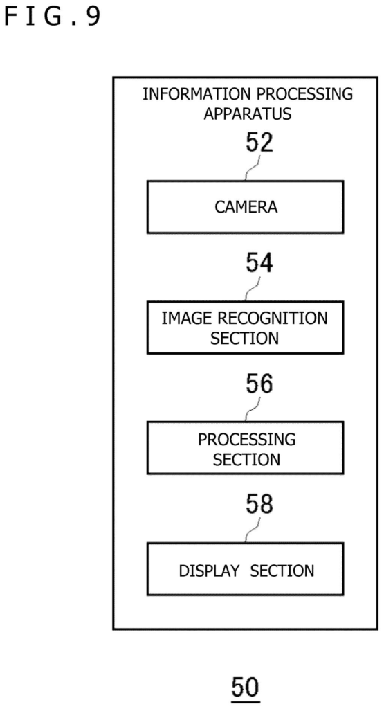 A self-powered interactive toy device resting on a numbered game board alongside a screen displaying a character. Drawing from patent filing US 2026/0241303 A1.