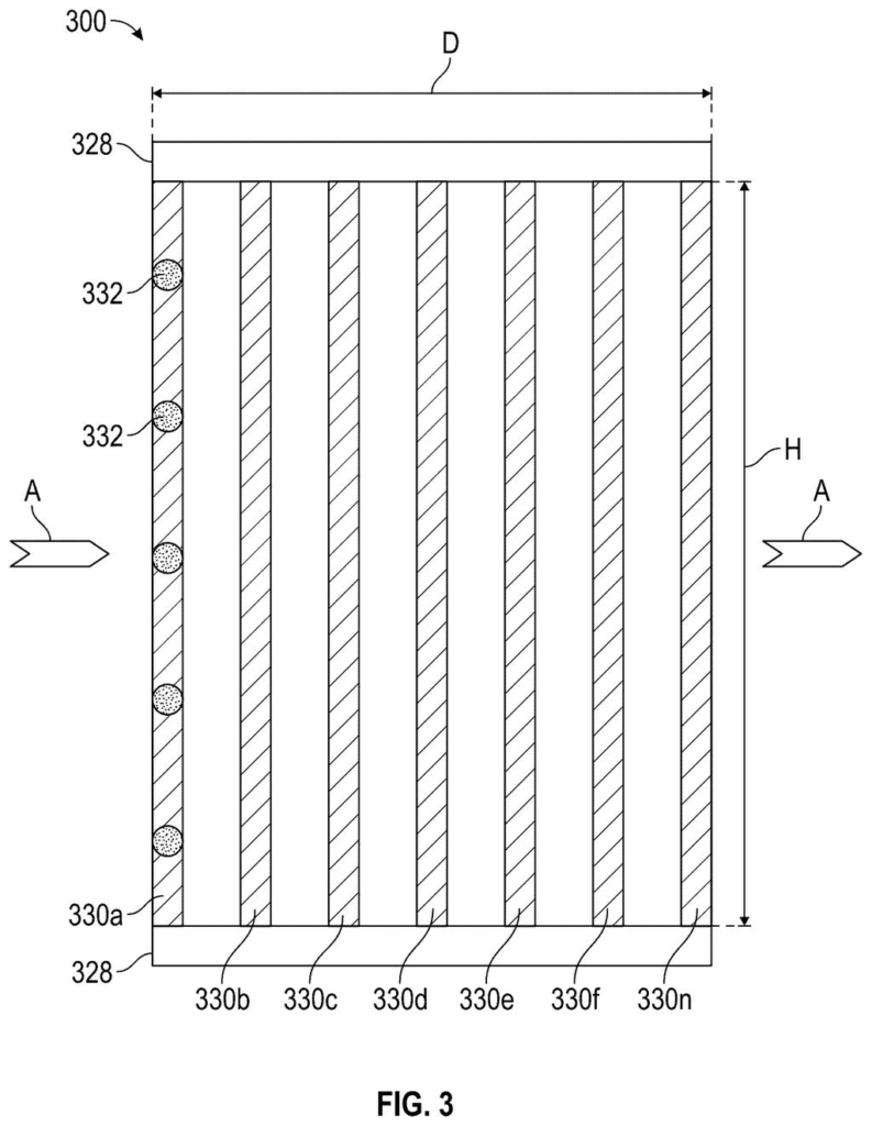 Cross-section of the soda ash filter unit showing parallel filtering fins with embedded antimicrobial spots. Drawing from patent filing US 2026/0241319 A1.