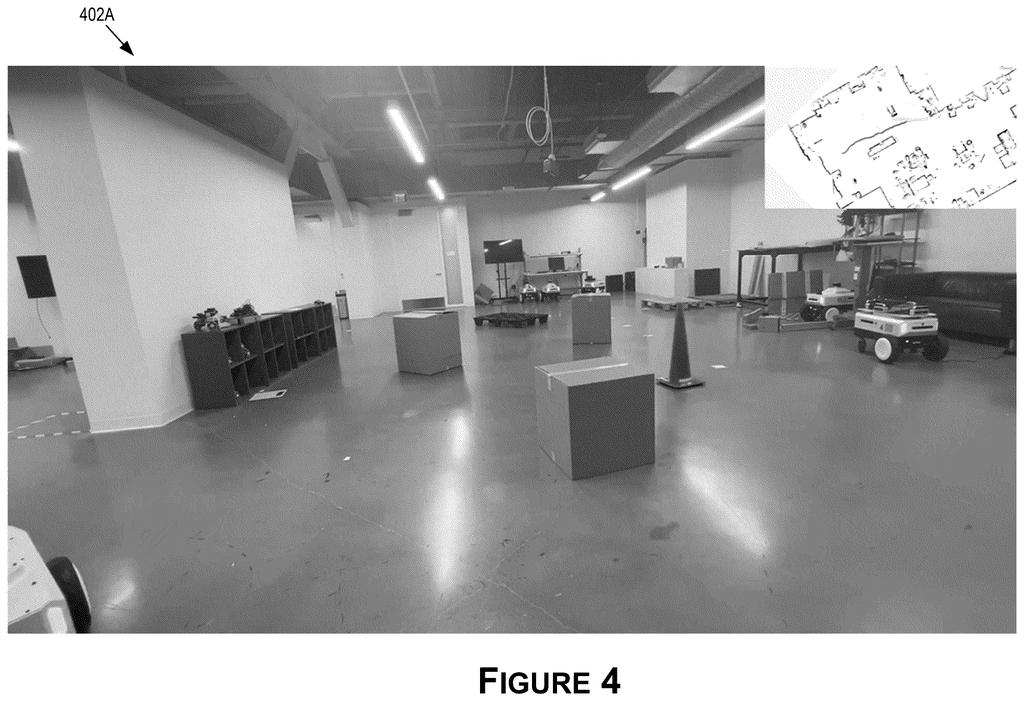 A warehouse environment with obstacles and multiple robots navigating the space. Drawing from patent filing US 2026/0241554 A1.
