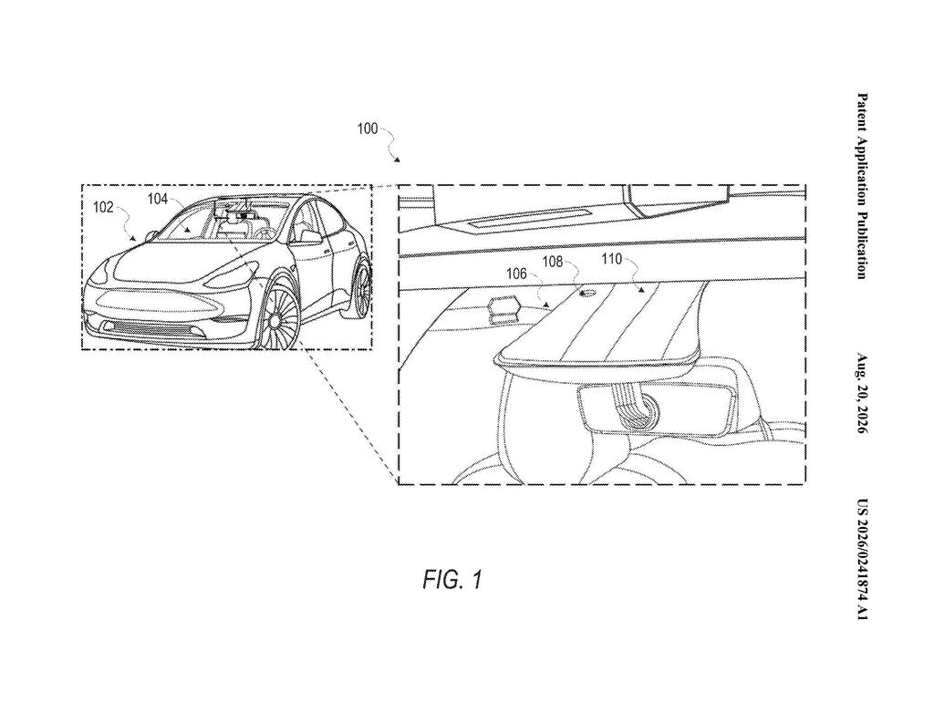 Tesla's patent shows a car with cameras on its roof and a close-up of a vent designed to absorb chemical fumes and keep the camera lenses clear. Drawing from patent filing US 2026/0241874 A1.