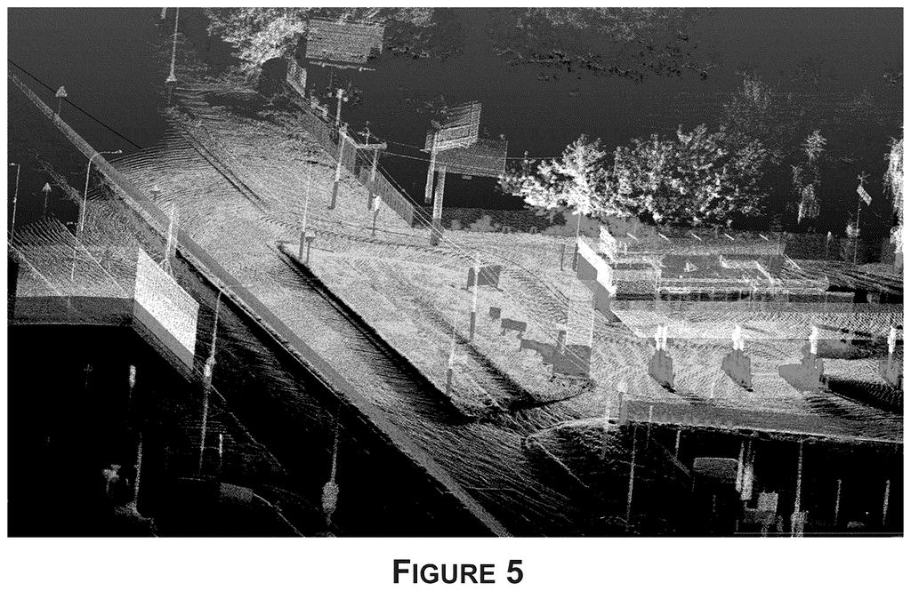3D point cloud rendering of a roadway intersection captured by vehicle sensors. Drawing from patent filing US 2026/0241954 A1.