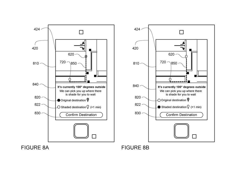 A mobile application interface offering a passenger the choice between their original destination and an alternative shaded drop-off location during hot weather. Drawing from patent filing US 2026/0243575 A1.